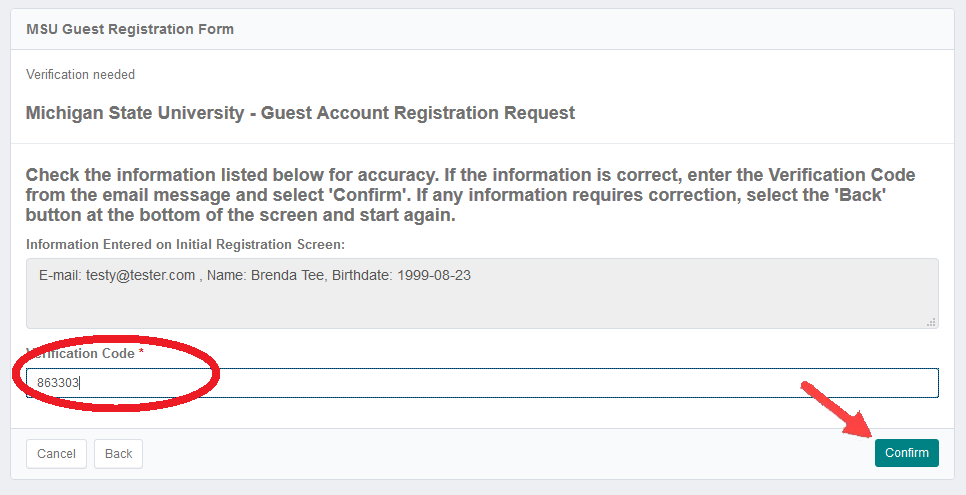 MSU Guest Registration Form verification code screenshot
